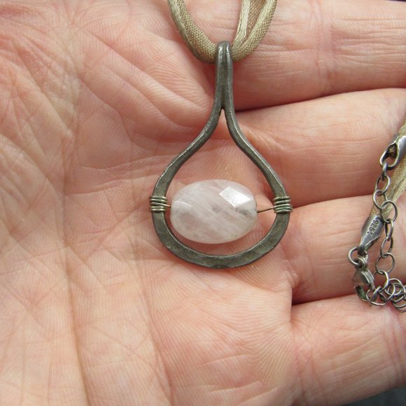 18" Sterling Silver Tarnished Rose Quartz Stone Pendant Necklace Vintage - Picture 2 of 7